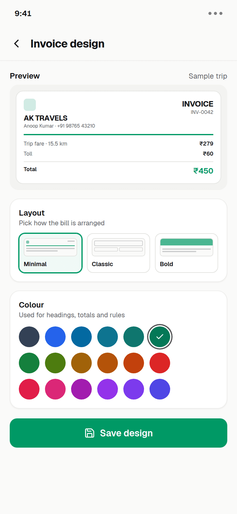 YathraBook invoice design screen with a live bill preview, three layouts and eighteen colours
