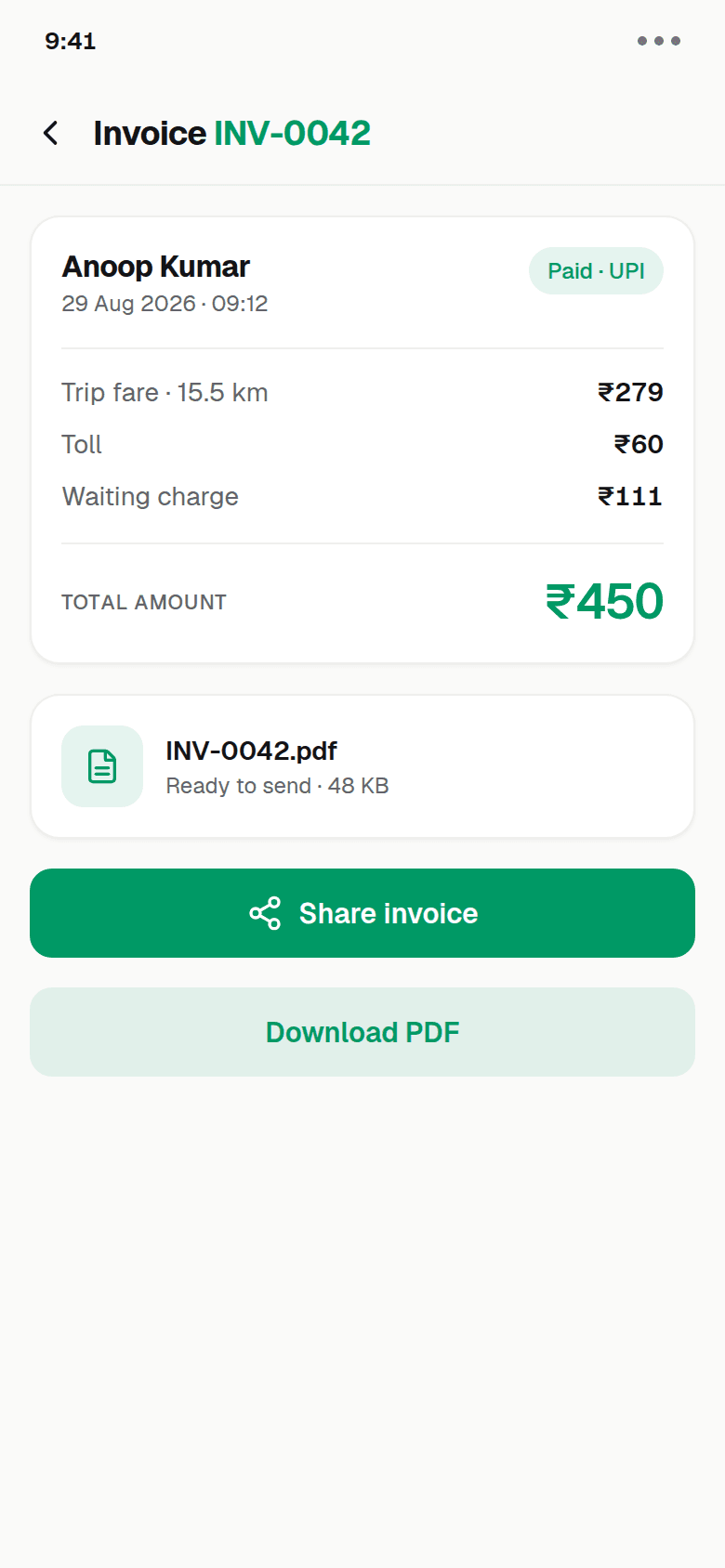 YathraBook invoice INV-0042 for ₹450, with the PDF ready to send