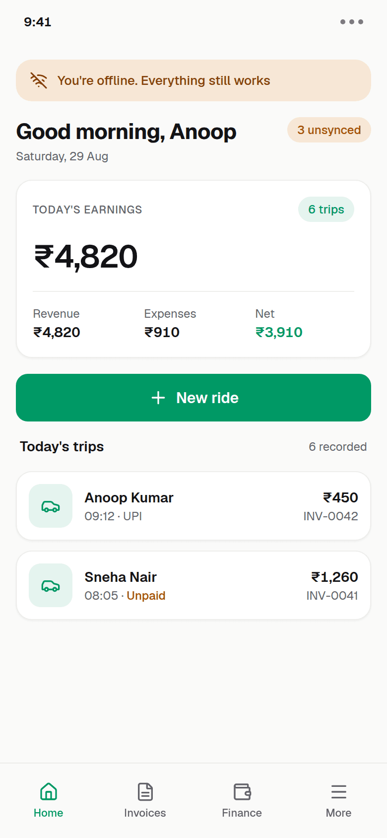 YathraBook home screen showing ₹4,820 earned today while the phone is offline