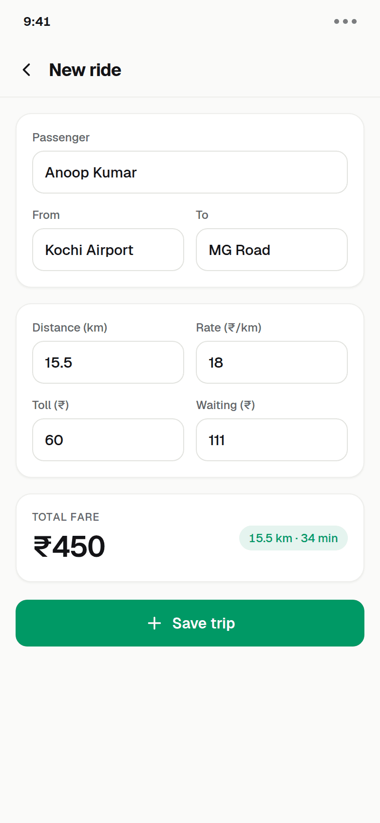 YathraBook new-ride screen: a 15.5 km airport trip being entered, total ₹450