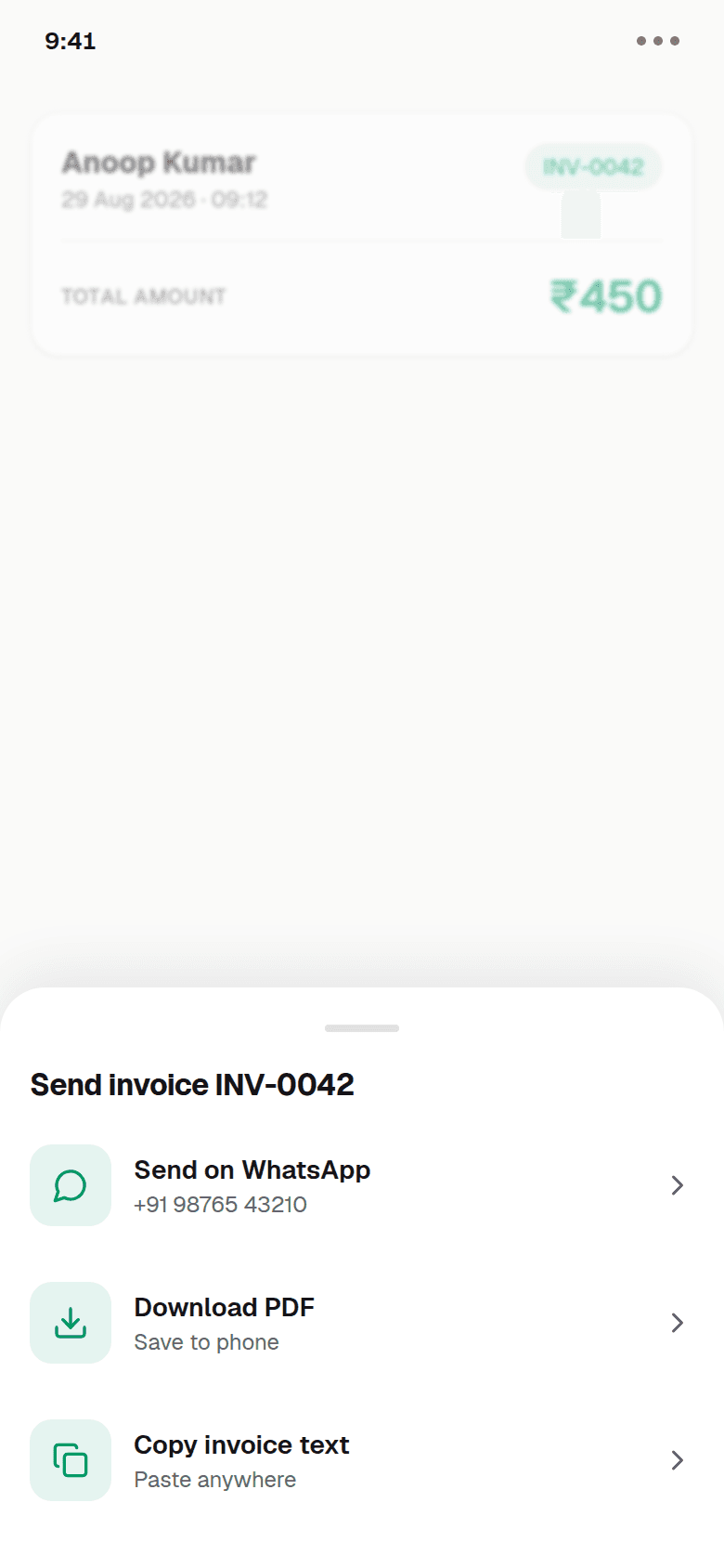 YathraBook share sheet sending invoice INV-0042 on WhatsApp