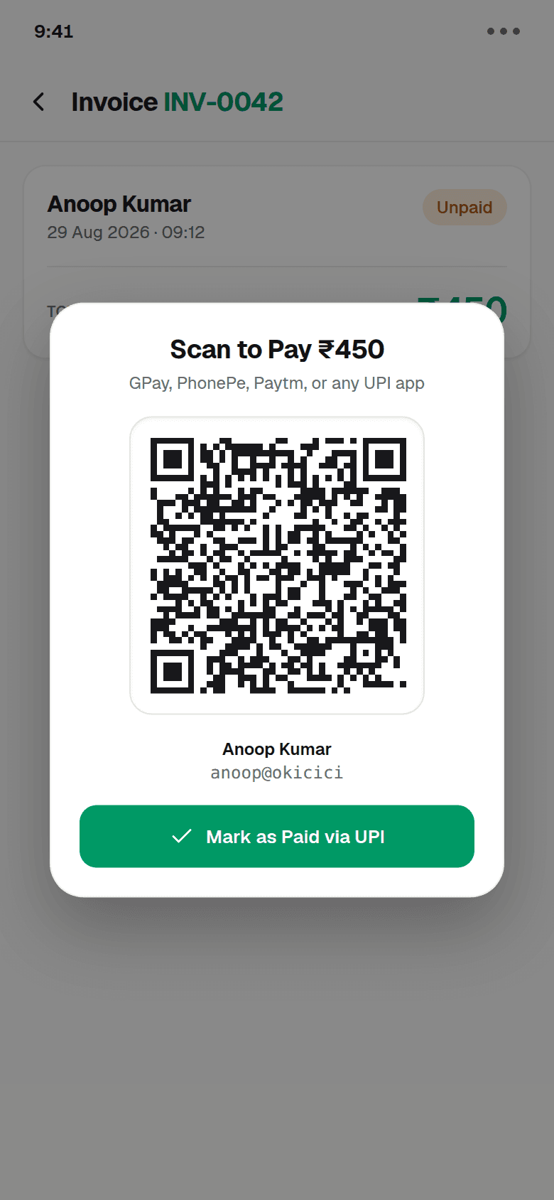 YathraBook showing a UPI QR to scan and pay ₹450 for invoice INV-0042